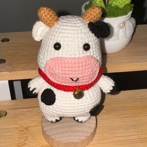 Crochet Cow Plush with Red Collar